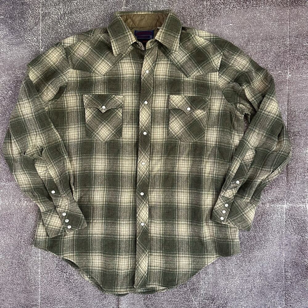 Men's Vintage 80's Ponderosa Green Plaid Flannel Pearl Snap Button Up Shirt Sz L